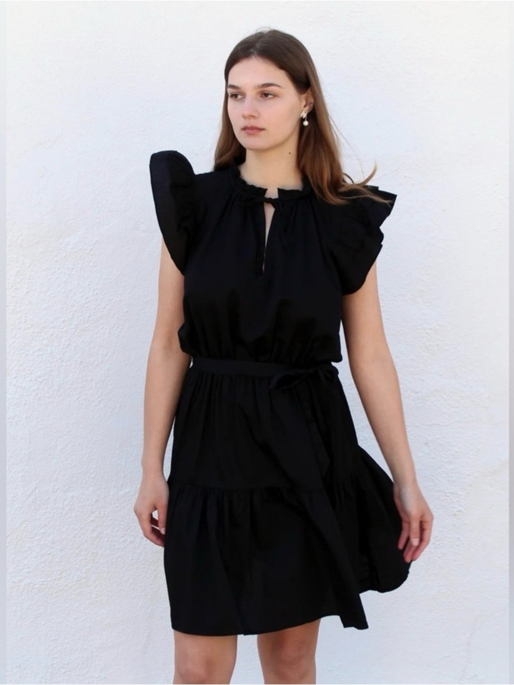 Black Ruffle Sleeve Mini Dress with Waist Tie